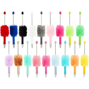 18Pcs Fluffy Beadable Pen 18 Colors Fuzzy Plastic Bead Ballpoint Pen Multicolor Retractable Beaded Writing Pens for DIY Craft Office Supplies