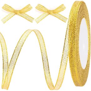 50 Yard 1/4in Gold Glitter Ribbon, Glossy Thin Satin Ribbon Roll for Wrapping Gift Bouquet Christmas Easter Wedding Birthday Party Valentines Day Decoration
