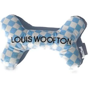 2-in-1 Plush Squeaky Dog Toy with Rubber Bone | Interactive & Enrichment Chew Toy for Dogs | Louis Woofton Designer Parody – Blue Check Fashion | Durable, Stuffed & Squeaker Toy