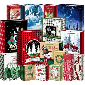 16Pack Christmas Gift Bags Assorted Sizes,Recyclable christmas paper bags for gifts,4 size christmas wrapping bags with handle(3 Jumbo,5 Large,6 Medium,2 Wine),holiday gift bags for christmas presents