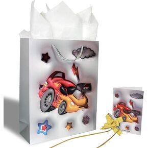 AOKELEON 12.6" Large Car Gift Bag with Tissue Paper, Greeting Card and Pull Bow for Boys' Birthday, Kids' Parties， Baby Showers，Shopping and Party Supplies
