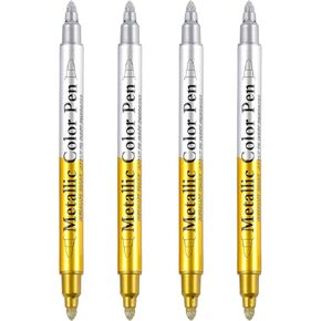 Dyvicl Metallic Marker Pens Dual Tip, Permanent Metallic Silver and Gold Paint Pens for Black Paper, Wine Glass, Rock Painting, Christmas Card Making, Scrapbook, DIY Crafts, Set of 4
