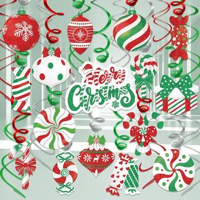HOWAF 30pcs Christmas Peppermint Candy Hanging Swirls, Glitter Green Red White Christmas Candies Foil Swirls for Xmas Holiday Ceiling Decor,Christmas Candy Cane Swirls Streamer for Christmas Ornaments