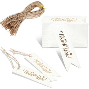 100PCS Thank You Tags, Gold Stamp Gift Tags with Strings White Paper Tags Hanging Label for Wedding Bridal Party Baby Shower Invitation Thanksgiving Christmas Gift Wrapping (2.5"x0.8") (Black)