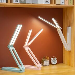 Double Head Desk Lamp with Large Lighting Range, Mini Lamp for Small Spaces,Rechargeable Foldable and Portable Desk Lamp with USB-C Cable for Travelling,Small Desk Lamp for College Dorm Room,Pink