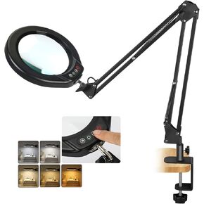 VEEMAGNI 5 Inch Large Magnifying Glass with Light and Stand, 5 Color Modes Stepless Dimmable, Long Swivel Arm LED Clamp Desk Lamp, Hands Free 8X Lighted Magnifier for Close Work Craft Hobby Soldering