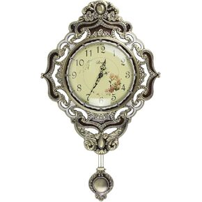 Antique Art Wall Clock Brown Silent Non Ticking Quartz Alloy Art Craftsmanship with Swing Pendulum