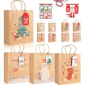 LYLIN 12Pcs Christmas Gift Bags, Christmas Kraft Paper Bags for Holiday, Christmas Goody Bags, Small Christmas Gift Bags with Handles, Xmas Treat Bags for Holiday Paper Party Gift Bags Party Supplies