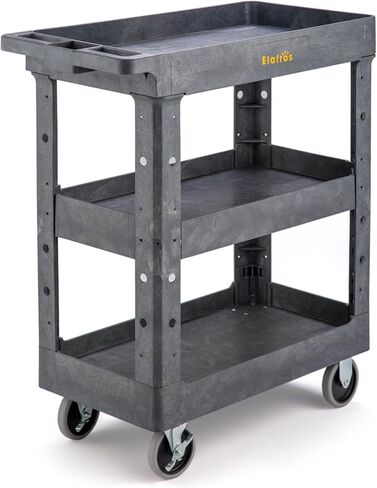 ELAFROS 3 Shelf Heavy Duty Plastic Utility Cart 34 x 17 x 38.5 Inch - Work Cart with 2 Fixed 2 Swivel Wheels and Safely Holds up to 550 lbs - 3 Tier Service Cart Deep Shelves Tool cart, Gray in Kuwait