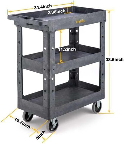 ELAFROS 3 Shelf Heavy Duty Plastic Utility Cart 34 x 17 x 38.5 Inch - Work Cart with 2 Fixed 2 Swivel Wheels and Safely Holds up to 550 lbs - 3 Tier Service Cart Deep Shelves Tool cart, Gray in Kuwait