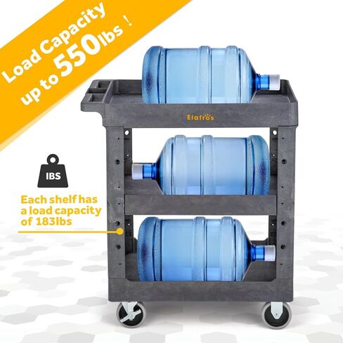 ELAFROS 3 Shelf Heavy Duty Plastic Utility Cart 34 x 17 x 38.5 Inch - Work Cart with 2 Fixed 2 Swivel Wheels and Safely Holds up to 550 lbs - 3 Tier Service Cart Deep Shelves Tool cart, Gray in Kuwait