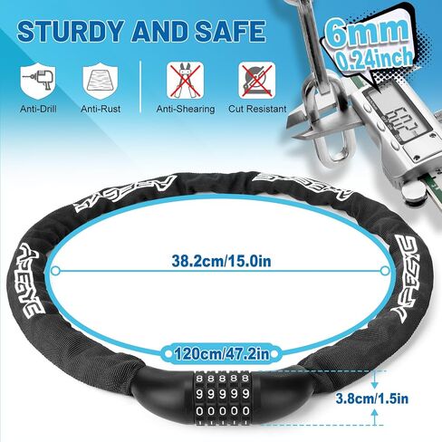 Bike Chain Lock 5 Digit Combination Bike Locks Heavy Duty Anti Theft 35.4/47.2in Longer Chain Bicycle Lock Hardened Steel Bike Lock for E-Bike, Motorcycle, Bicycle, Scooter in Saudi Arabia