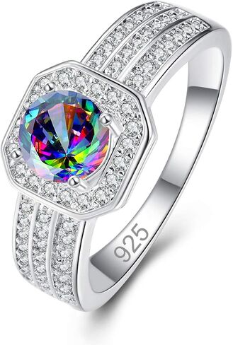 Silver Plated Sparkling Round Cut Created Rainbow Topaz CZ Cubic Zirconia Filled Halo Wedding Engagement Band Women's Ring for Mom Bridal Lover 8# in Saudi Arabia