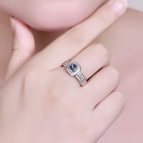 Silver Plated Sparkling Round Cut Created Rainbow Topaz CZ Cubic Zirconia Filled Halo Wedding Engagement Band Women's Ring for Mom Bridal Lover 8# in Saudi Arabia