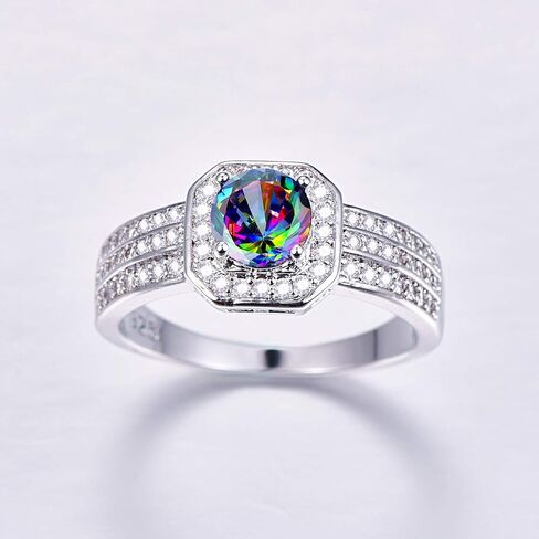 Silver Plated Sparkling Round Cut Created Rainbow Topaz CZ Cubic Zirconia Filled Halo Wedding Engagement Band Women's Ring for Mom Bridal Lover 8# in Saudi Arabia