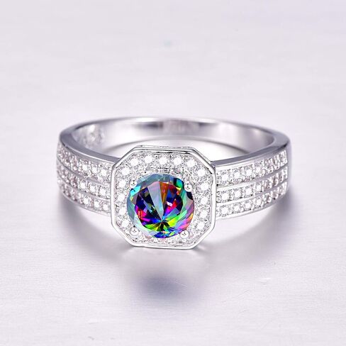 Silver Plated Sparkling Round Cut Created Rainbow Topaz CZ Cubic Zirconia Filled Halo Wedding Engagement Band Women's Ring for Mom Bridal Lover 8# in Saudi Arabia