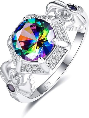 Silver Plated Sparkling Round Cut Created Rainbow Topaz CZ Cubic Zirconia Filled Halo Wedding Engagement Band Women's Ring for Mom Bridal Lover 8# in Saudi Arabia