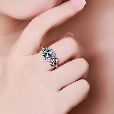 Silver Plated Sparkling Round Cut Created Rainbow Topaz CZ Cubic Zirconia Filled Halo Wedding Engagement Band Women's Ring for Mom Bridal Lover 8# in Saudi Arabia