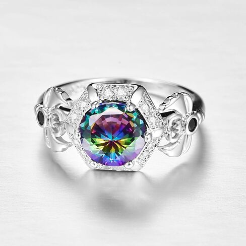 Silver Plated Sparkling Round Cut Created Rainbow Topaz CZ Cubic Zirconia Filled Halo Wedding Engagement Band Women's Ring for Mom Bridal Lover 8# in Saudi Arabia