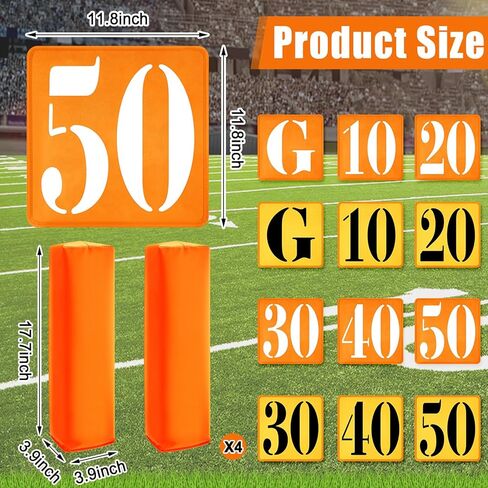 16 Pcs Football Yard Markers Set Include 11 Football Field Yard Line Markers High Visibility 4 Weighted Football End Zone Pylons with Carrying Bag for Football Training Sporting Equipments, Orange in Kuwait
