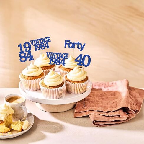 Gyufise 24Pcs Vintage 1984 Cupcake Toppers Glitter Cheers to 40 Fabulous Forty Cupcake Picks 40th Birthday Wedding Anniversary Party Cake Decorations Supplies Deep Blue in Saudi Arabia