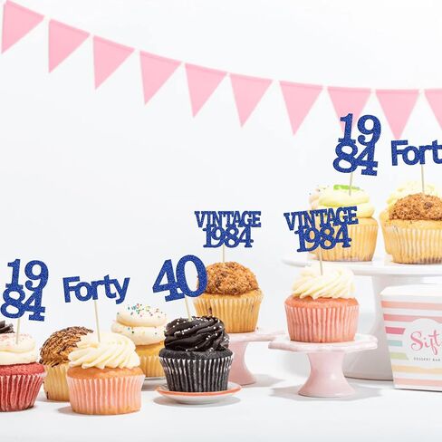Gyufise 24Pcs Vintage 1984 Cupcake Toppers Glitter Cheers to 40 Fabulous Forty Cupcake Picks 40th Birthday Wedding Anniversary Party Cake Decorations Supplies Deep Blue in Saudi Arabia