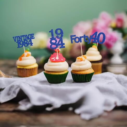 Gyufise 24Pcs Vintage 1984 Cupcake Toppers Glitter Cheers to 40 Fabulous Forty Cupcake Picks 40th Birthday Wedding Anniversary Party Cake Decorations Supplies Deep Blue in Saudi Arabia