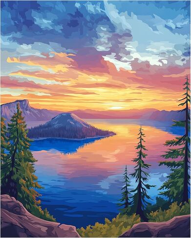 طلاء ARNLRDYA Crater Lake Oregon بالأرقام للبالغين على قماش بدون إطار، طلاء مشهد البحيرات الجبلية حسب الرقم، أشجار التنوب الغابة، دهانات أكريليك زيتية DIY لديكور المنزل (16 × 20 بوصة) in Saudi Arabia