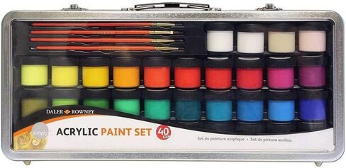 Daler Rowney Simply 40pc Acrylic Paint Set - 34 Acrylic Paint Pots for Student Artists of All Ages with 4 Brushes Color Mixing Guide and Carrying Case - 18ml Acrylic Paints for Canvas Paper and More in Saudi Arabia