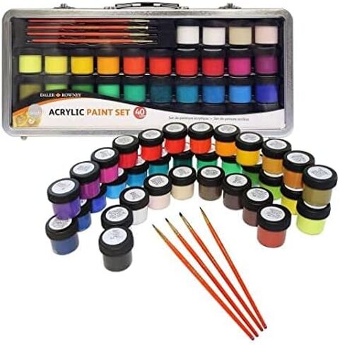 Daler Rowney Simply 40pc Acrylic Paint Set - 34 Acrylic Paint Pots for Student Artists of All Ages with 4 Brushes Color Mixing Guide and Carrying Case - 18ml Acrylic Paints for Canvas Paper and More in Saudi Arabia