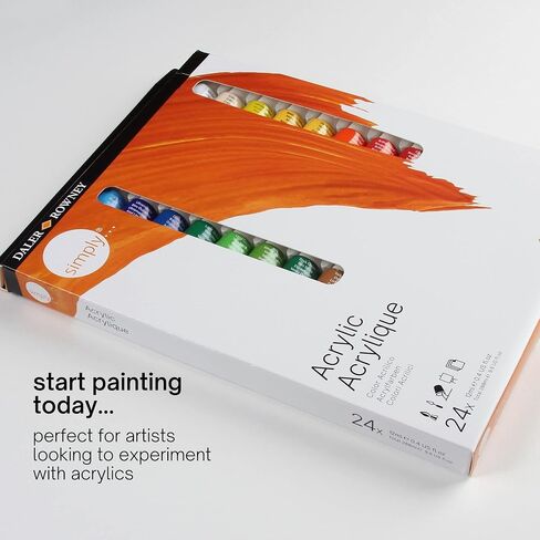 Daler Rowney Simply 40pc Acrylic Paint Set - 34 Acrylic Paint Pots for Student Artists of All Ages with 4 Brushes Color Mixing Guide and Carrying Case - 18ml Acrylic Paints for Canvas Paper and More in Saudi Arabia
