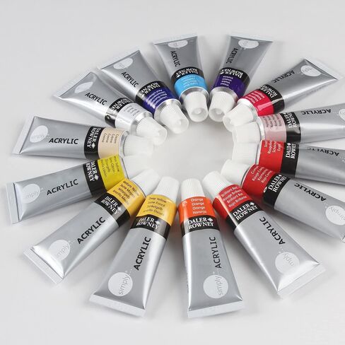 Daler Rowney Simply 40pc Acrylic Paint Set - 34 Acrylic Paint Pots for Student Artists of All Ages with 4 Brushes Color Mixing Guide and Carrying Case - 18ml Acrylic Paints for Canvas Paper and More in Saudi Arabia