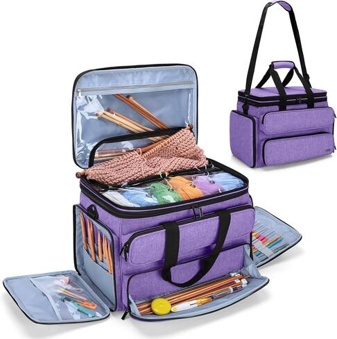 YARWO Knitting Yarn Bag, Portable Crochet Storage Tote with Double Top Cover and Yarn Holes for Knitting Needles(Up to 14"), Unfinished Projects and Skeins of Yarn, Purple in Saudi Arabia