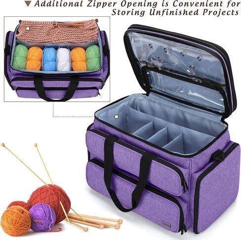 YARWO Knitting Yarn Bag, Portable Crochet Storage Tote with Double Top Cover and Yarn Holes for Knitting Needles(Up to 14"), Unfinished Projects and Skeins of Yarn, Purple in Saudi Arabia