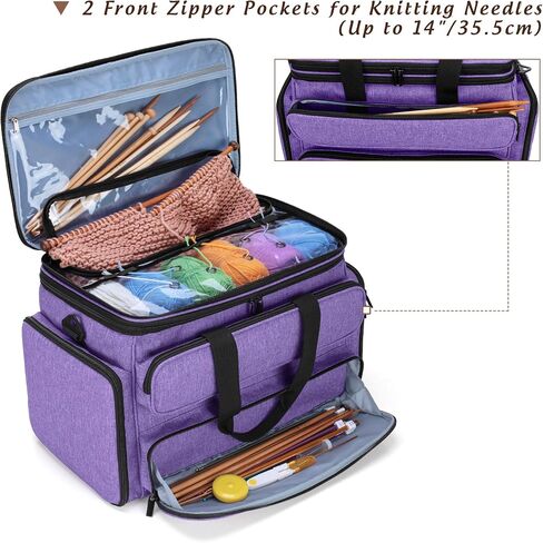 YARWO Knitting Yarn Bag, Portable Crochet Storage Tote with Double Top Cover and Yarn Holes for Knitting Needles(Up to 14"), Unfinished Projects and Skeins of Yarn, Purple in Saudi Arabia