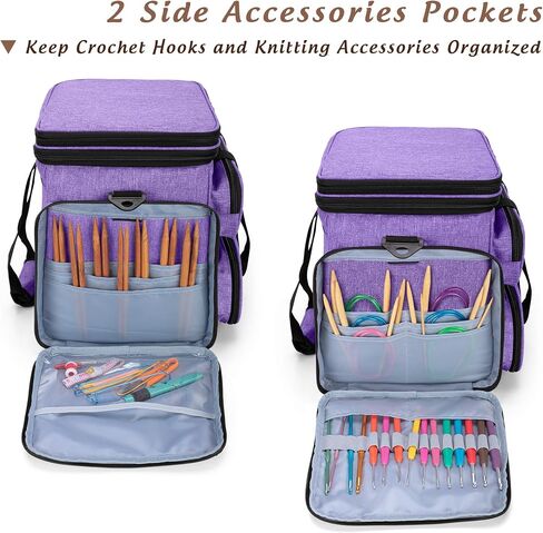 YARWO Knitting Yarn Bag, Portable Crochet Storage Tote with Double Top Cover and Yarn Holes for Knitting Needles(Up to 14"), Unfinished Projects and Skeins of Yarn, Purple in Saudi Arabia
