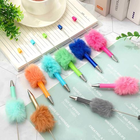 18Pcs Fluffy Beadable Pen 18 Colors Fuzzy Plastic Bead Ballpoint Pen Multicolor Retractable Beaded Writing Pens for DIY Craft Office Supplies in Saudi Arabia