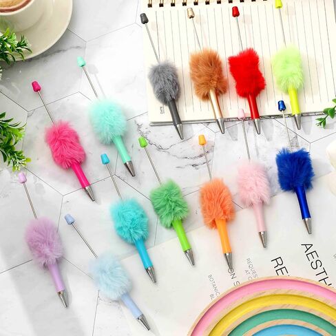 18Pcs Fluffy Beadable Pen 18 Colors Fuzzy Plastic Bead Ballpoint Pen Multicolor Retractable Beaded Writing Pens for DIY Craft Office Supplies in Saudi Arabia