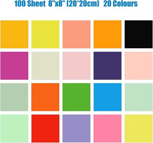 Origami Paper 100 Sheets, 20x20 cm/8 Inch Large Origami Paper Double Sided(70gsm), 20 Colors Square Origami Paper for Kids DIY School Arts Crafts Projects Children Adults in Saudi Arabia