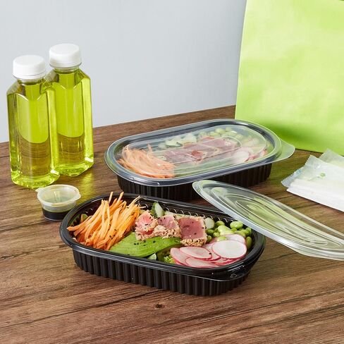 حاويات تحضير الوجبات من Restaurantware-RW Base سعة 24 أونصة، 100 حاوية قابلة للاستخدام في الميكروويف مع أغطية - حاويات طعام بيضاوية بلاستيكية سوداء يمكن التخلص منها وقابلة للتجميد، وتغليف الأطعمة الساخنة والباردة، للوجبات الجاهزة in Saudi Arabia