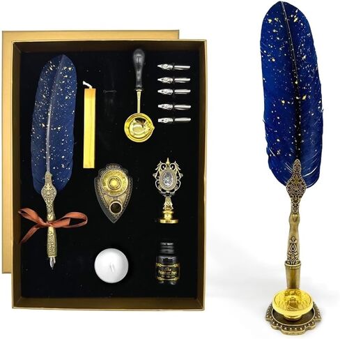 مجموعة أقلام وحبر ريش من FTC - قلم حبر غمس للخط العتيق مع سن بديلة، قاعدة حامل القلم، 12 ختم شمع زودياك، ختم، مغلفات، ورق رسائل، هدية فنية (أزرق) in Kuwait