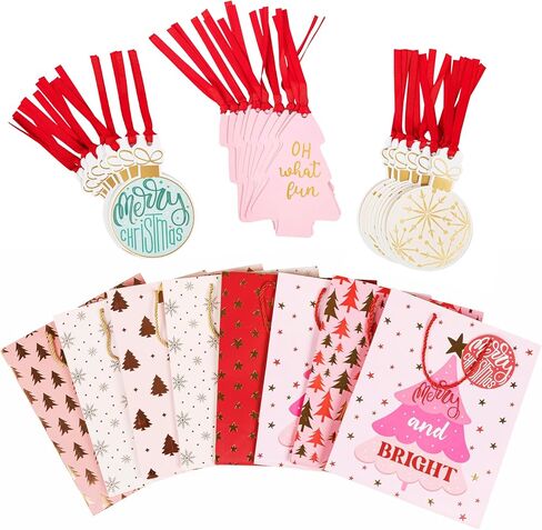 VOTUM 24pc Christmas Gift Bags with Handles + 60pc Holiday Gift Tags | Bulk Set for Wrapping Christmas Gifts, Party Favors, & Shopping – Sleek Modern Designs, Durable Paper Bags for Christmas Presents in Saudi Arabia