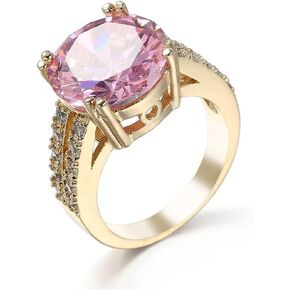 18K Gold Plated Pink Synthetic Cushion Cut 5ct Zircon Ring 5A Inlaid Cubic Zirconia Rings CZ Diamond Two Row Ring Eternity Engagement Wedding Band Ring Cocktail Ring Gift for Women ST.198 (6)