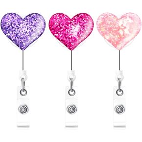 3 Pack Bling Bling Love Heart Women Nurse ID Badge Holder, RN Badge Reels Retractable with Belt Clip