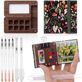 Qilery Mini Portable Watercolor Palette Set Wooden Grid Paint Box, Watercolor Paper Pad Watercolor Sketch Book Watercolor Brush Pens with Binder Clips for Painters Artists Students(Pine Green)