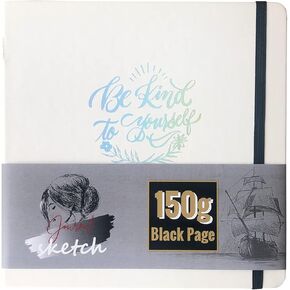 Square Sketchbook – 8 x 8 Inch Hardcover Sketch Journal – 150GSM Black Paper 160 Pages with Elastic Closure - White Color Cover