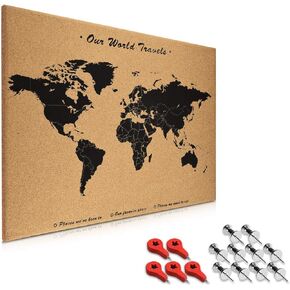 Navaris Cork Board World Map - 20 x 28 in Bulletin Memo Corkboard in World Map Design with 15x Push Pins for Kitchen, Classroom, Home Office, Bedroom