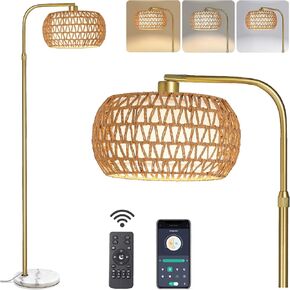 Marble Gold Floor Lamp with Remote Control, Boho Rattan Floor Lamp for Living Room with 3 Color Temperatures, Adjustable Modern Arc Floor Lamp for Bedroom, Gold Standing Lamp Rattan Lamp Decor