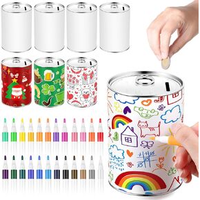 Tandefio 8 Pcs DIY Coin Piggy Bank Metal Piggy Bank Money Piggy Bank Blank Saving Box with 24 Acrylic Paint Markers Piggy Bank Craft for Christmas Creative Gift Boys Girls Birthday Party Supplies