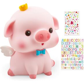 Lovely Piggy Bank for Kids, Plastic Pig Coin and Money Bank, Large Size Kids Piggy Bank with Name Sticker and Stickable Rhinestones, Ideal Birthday Easter for Girls Boys